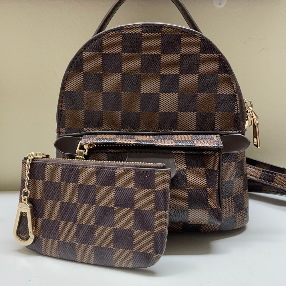 Brown Checkered Mini Backpack + Key Pouch Bundle